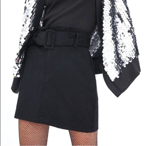 Zara Trafaluc Faux Suede Paperbag Waist Belted Mini Skirt In Black Size M EUC - Picture 2 of 13